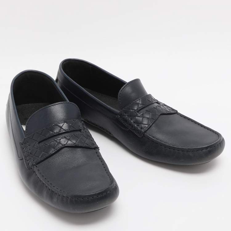 Pre Owned Bottega Veneta Wave Driver Size 41.5 Navy Blue Leather Penny Loafers