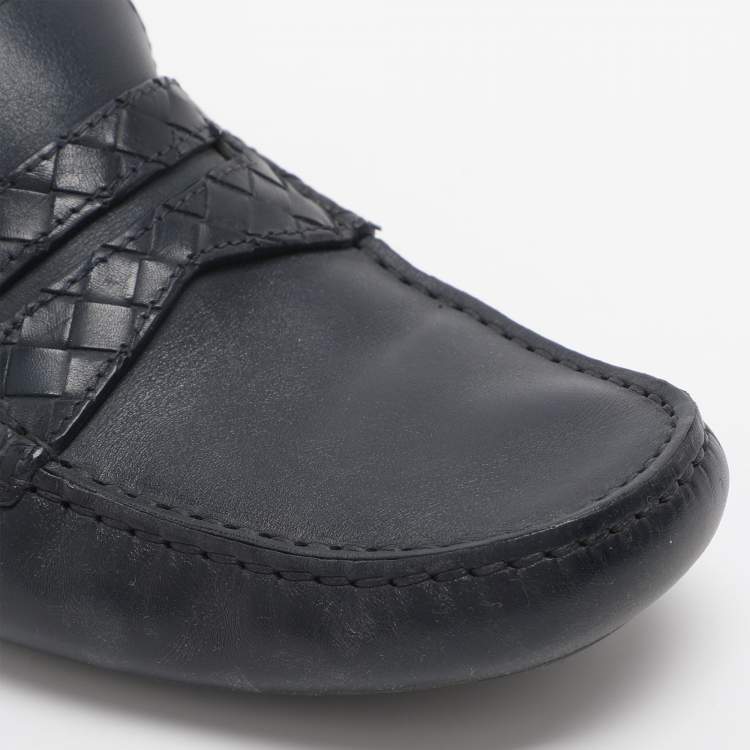 Pre Owned Bottega Veneta Wave Driver Size 41.5 Navy Blue Leather Penny Loafers