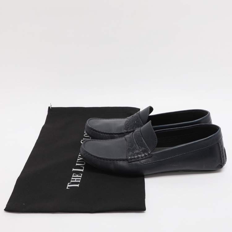 Pre Owned Bottega Veneta Wave Driver Size 41.5 Navy Blue Leather Penny Loafers