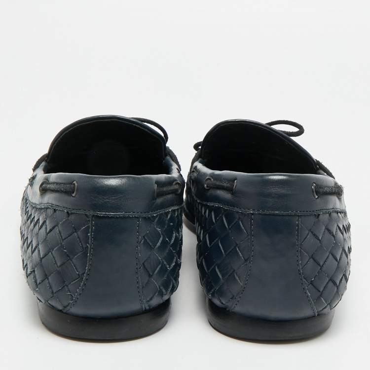 Pre Owned Bottega Veneta Size 44 Navy Blue Intrecciato Leather Bow Loafers