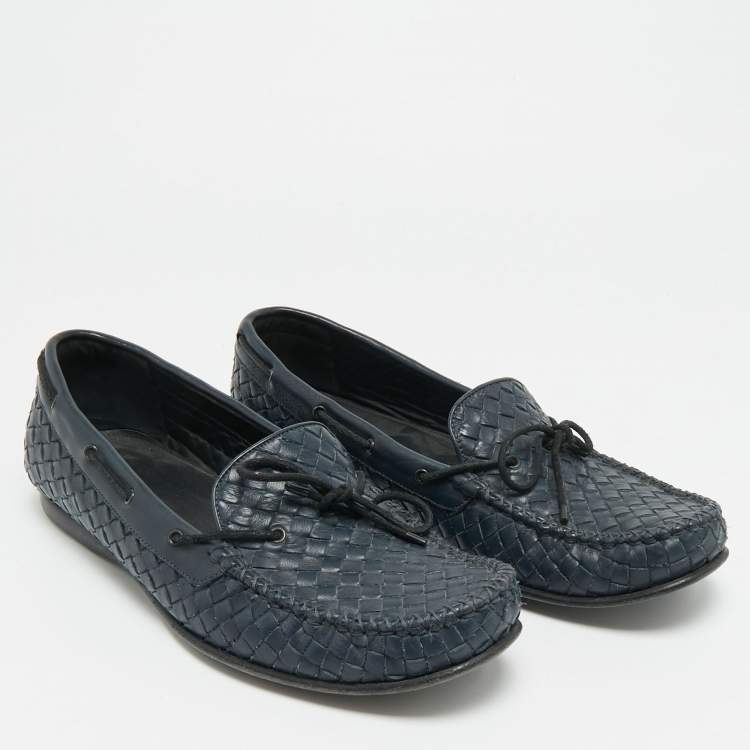 Pre Owned Bottega Veneta Size 44 Navy Blue Intrecciato Leather Bow Loafers