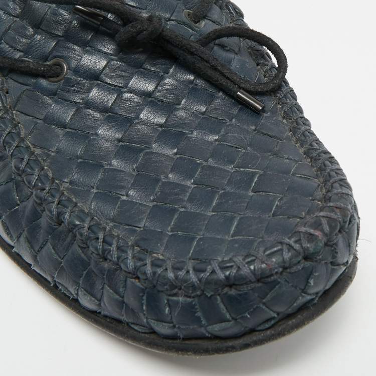 Pre Owned Bottega Veneta Size 44 Navy Blue Intrecciato Leather Bow Loafers
