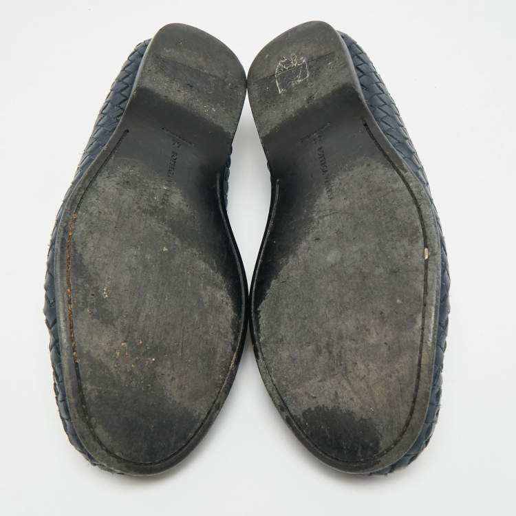 Pre Owned Bottega Veneta Size 44 Navy Blue Intrecciato Leather Bow Loafers