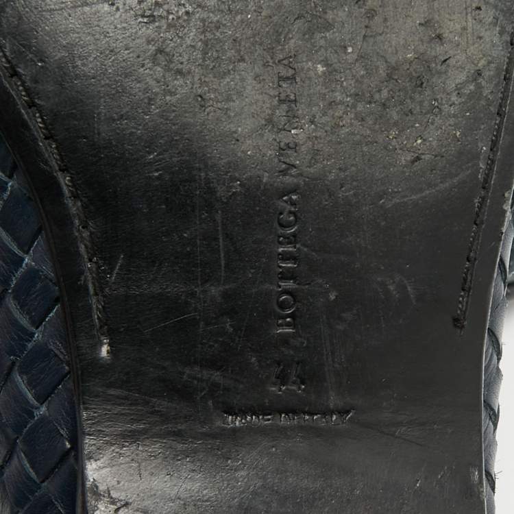 Pre Owned Bottega Veneta Size 44 Navy Blue Intrecciato Leather Bow Loafers