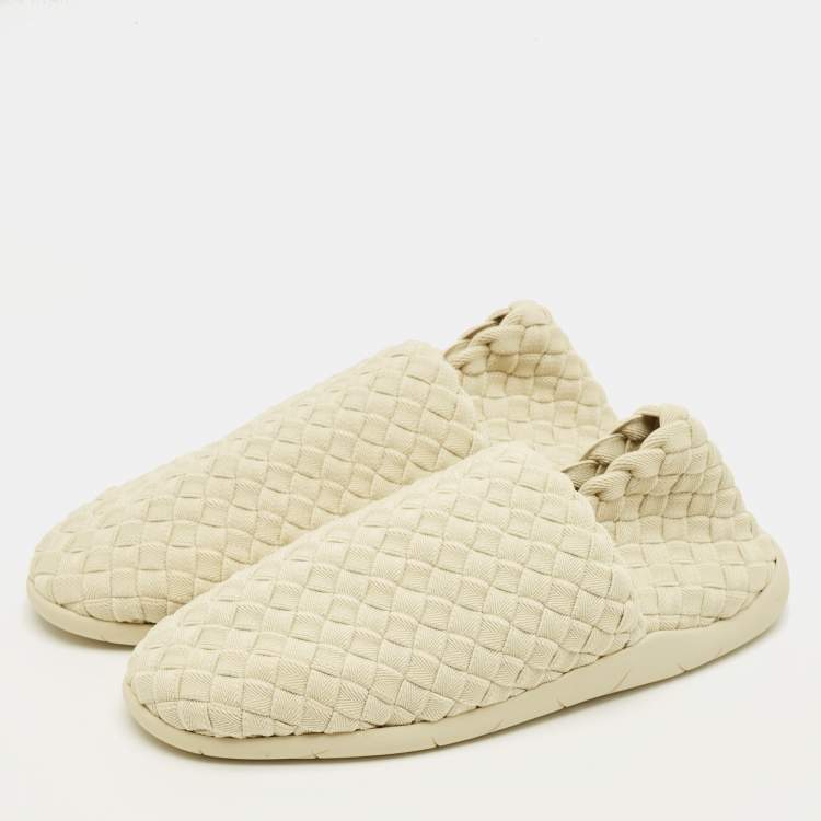 Pre Owned Bottega Veneta Size 41 Cream Intrecciato Fabric Slip On Sneakers