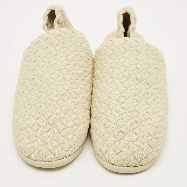 Pre Owned Bottega Veneta Size 41 Cream Intrecciato Fabric Slip On Sneakers