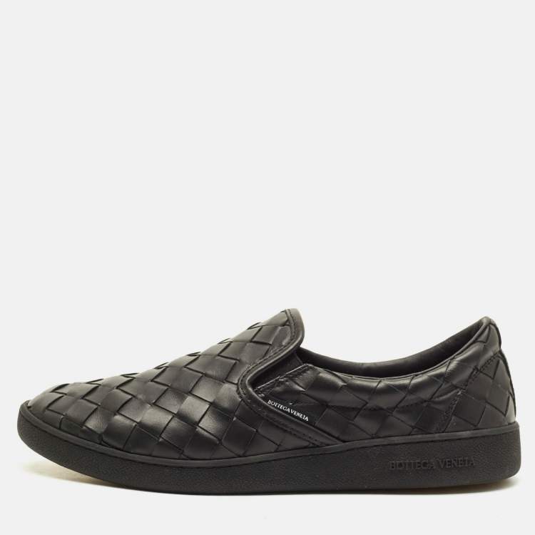 Pre Owned Bottega Veneta Size 43 Black Intrecciato Leather Slip On Sneakers