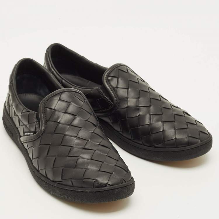 Pre Owned Bottega Veneta Size 43 Black Intrecciato Leather Slip On Sneakers