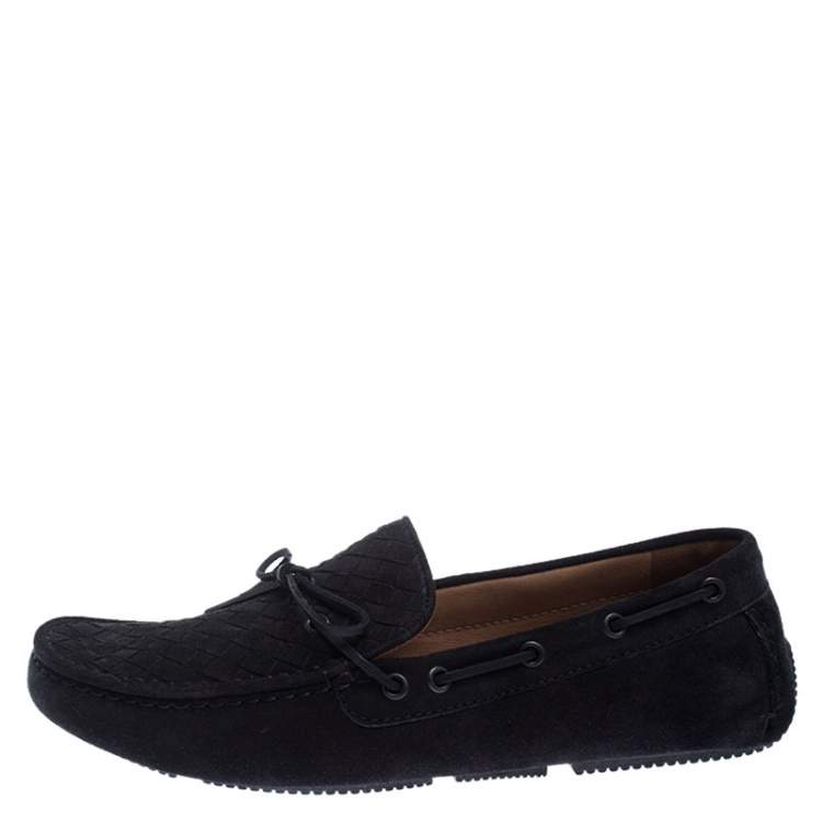 Pre Owned Bottega Veneta Black Intrecciato Suede Bow Slip On Loafers Size 40