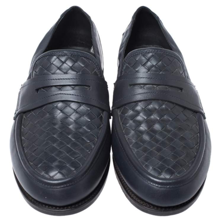 Pre Owned Bottega Veneta Blue Intrecciato Leather Penny Loafers Size 40