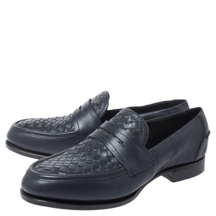 Pre Owned Bottega Veneta Blue Intrecciato Leather Penny Loafers Size 40