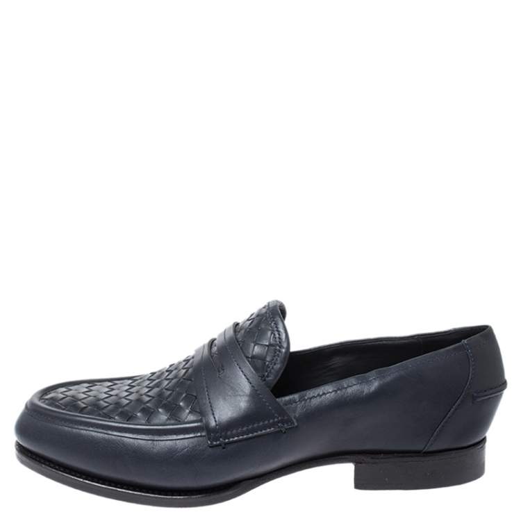 Pre Owned Bottega Veneta Blue Intrecciato Leather Penny Loafers Size 40