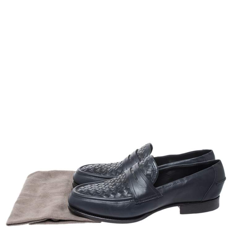 Pre Owned Bottega Veneta Blue Intrecciato Leather Penny Loafers Size 40