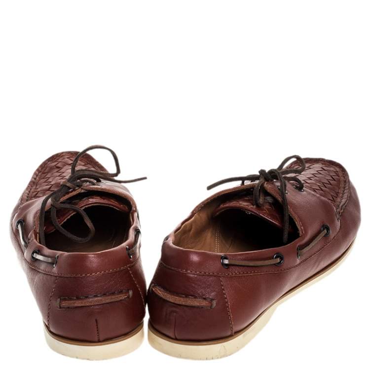 Pre Owned Bottega Veneta Maroon Intrecciato Leather Driving Loafer Size 43