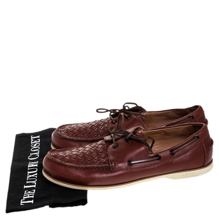 Pre Owned Bottega Veneta Maroon Intrecciato Leather Driving Loafer Size 43