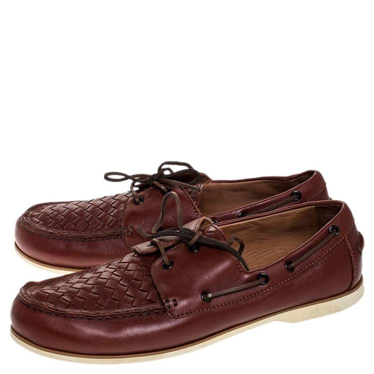 Pre Owned Bottega Veneta Maroon Intrecciato Leather Driving Loafer Size 43