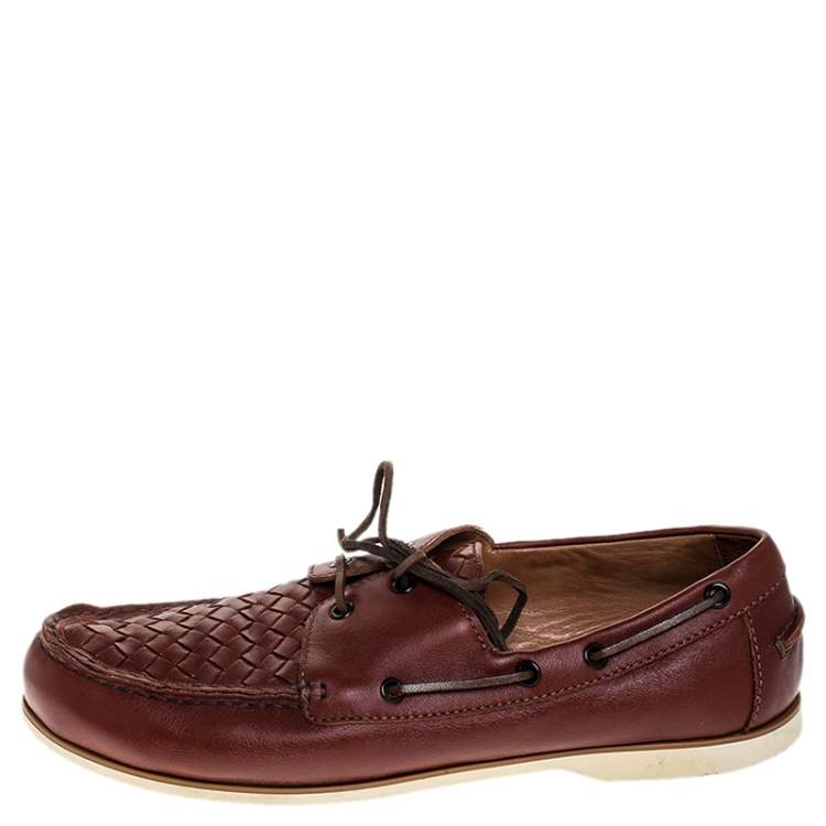 Pre Owned Bottega Veneta Maroon Intrecciato Leather Driving Loafer Size 43