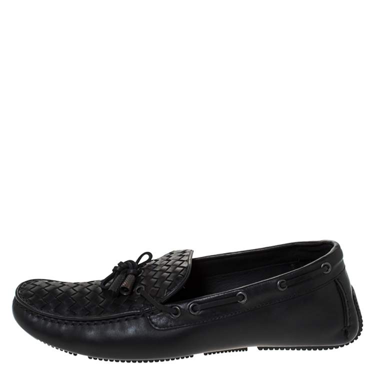 Pre Owned Bottega Veneta Black Intrecciato Leather Bow Detail Loafers Size 44