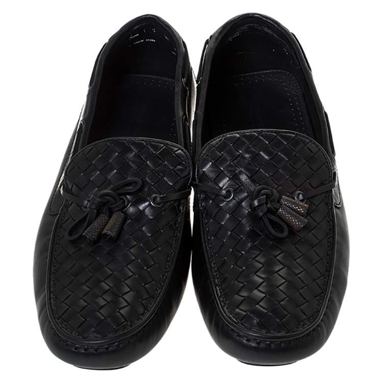 Pre Owned Bottega Veneta Black Intrecciato Leather Bow Detail Loafers Size 44