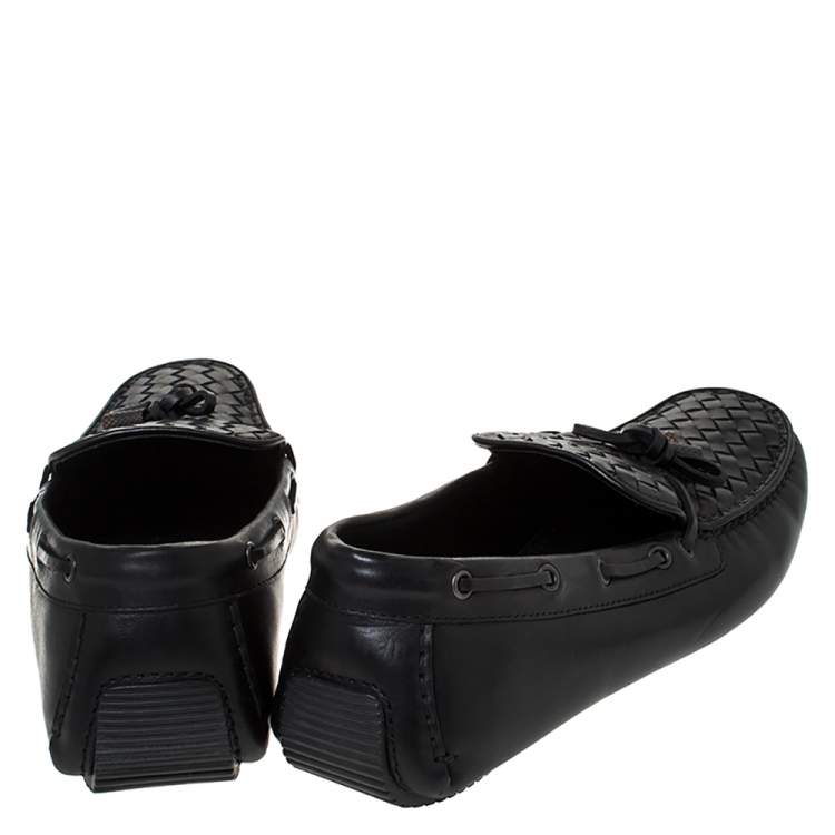 Pre Owned Bottega Veneta Black Intrecciato Leather Bow Detail Loafers Size 44
