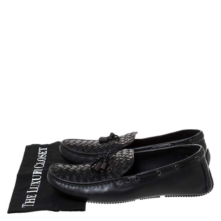Pre Owned Bottega Veneta Black Intrecciato Leather Bow Detail Loafers Size 44