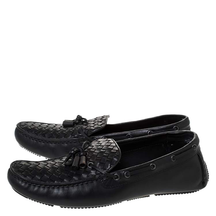 Pre Owned Bottega Veneta Black Intrecciato Leather Bow Detail Loafers Size 44