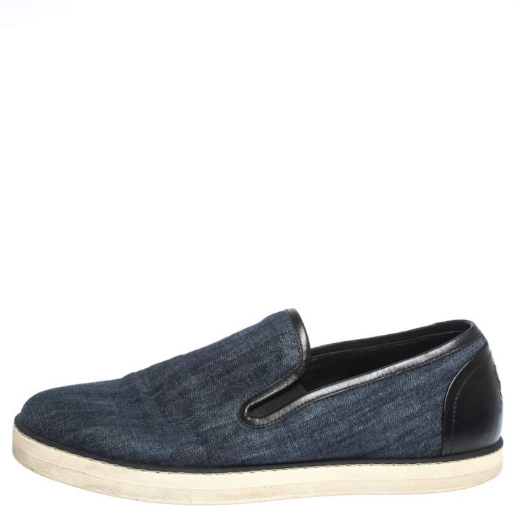 Pre Owned Bottega Veneta Blue Denim And Black Leather Trim Slip On Sneakers Size 40