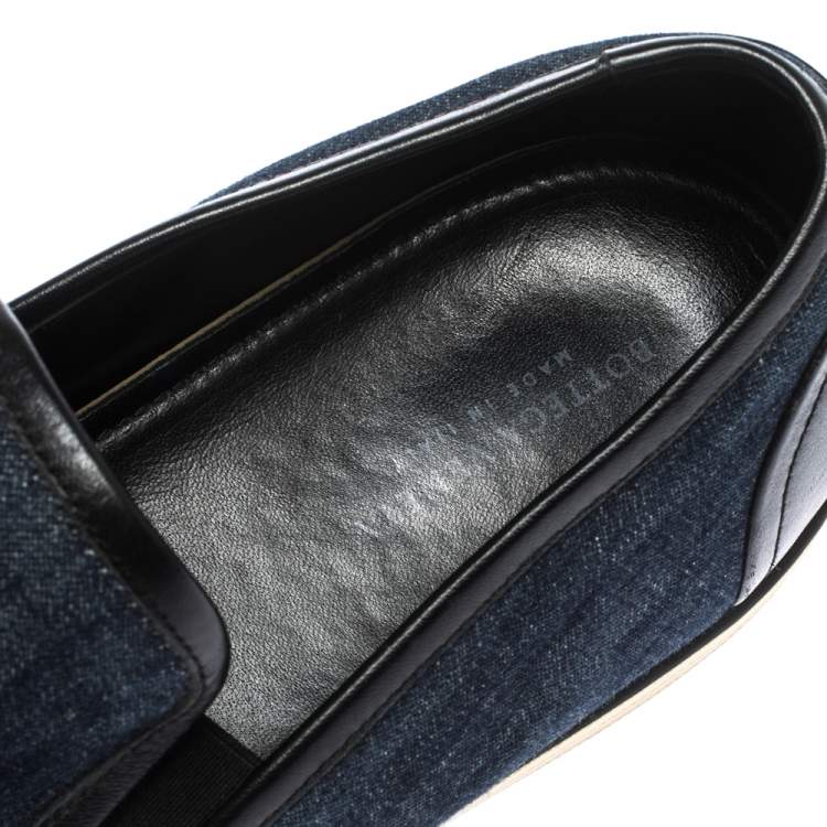 Pre Owned Bottega Veneta Blue Denim And Black Leather Trim Slip On Sneakers Size 40