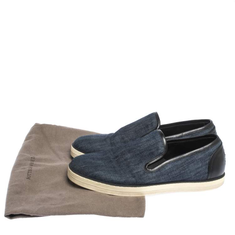 Pre Owned Bottega Veneta Blue Denim And Black Leather Trim Slip On Sneakers Size 40