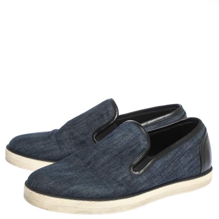 Pre Owned Bottega Veneta Blue Denim And Black Leather Trim Slip On Sneakers Size 40
