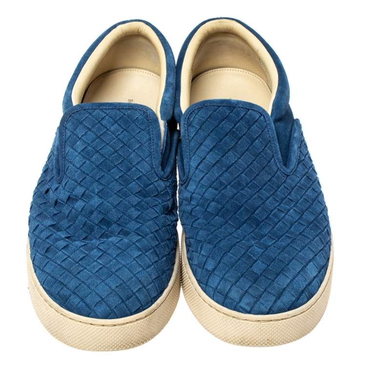 Pre Owned Bottega Veneta Blue Suede Dodger Intrecciato Slip On Sneakers Size 44