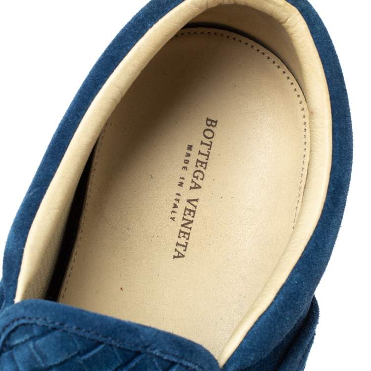 Pre Owned Bottega Veneta Blue Suede Dodger Intrecciato Slip On Sneakers Size 44
