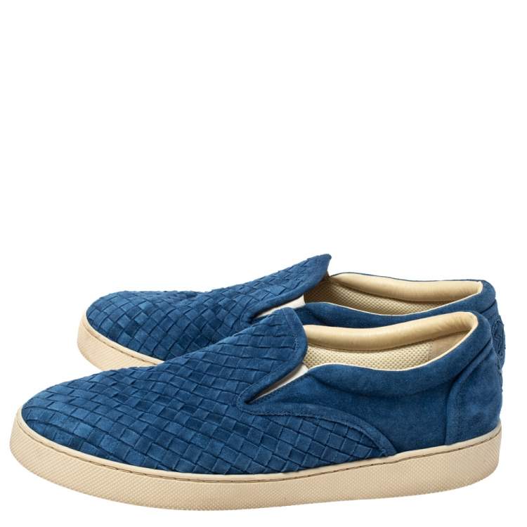 Pre Owned Bottega Veneta Blue Suede Dodger Intrecciato Slip On Sneakers Size 44
