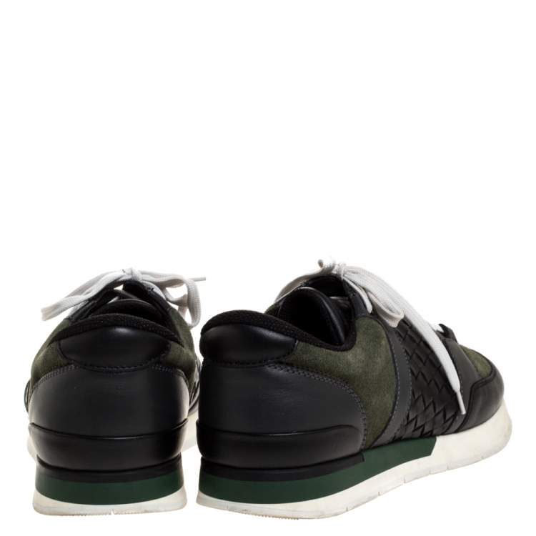 Pre Owned Bottega Veneta Black Intrecciato Leather and Green Suede Sneakers Size 41