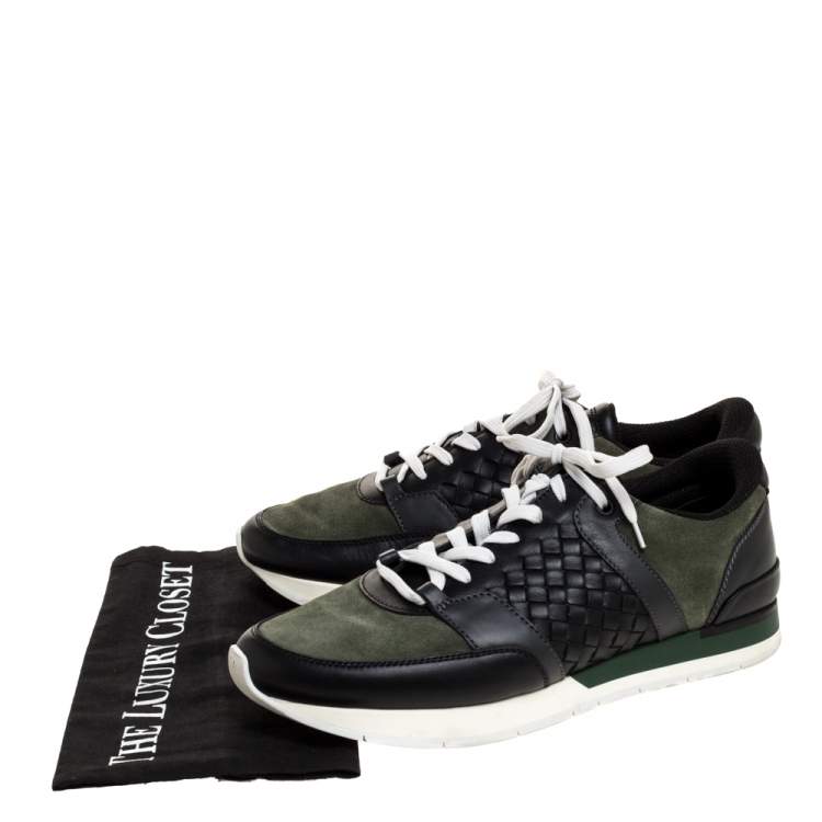 Pre Owned Bottega Veneta Black Intrecciato Leather and Green Suede Sneakers Size 41