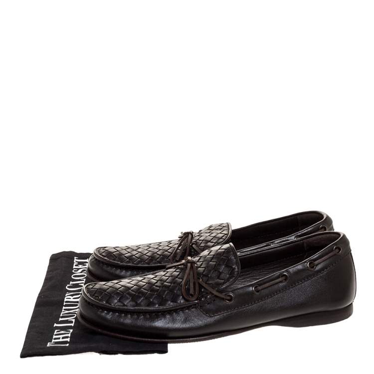 Pre Owned Bottega Veneta Dark Brown Intrecciato Leather Bow Slip On Loafers Size 41.5