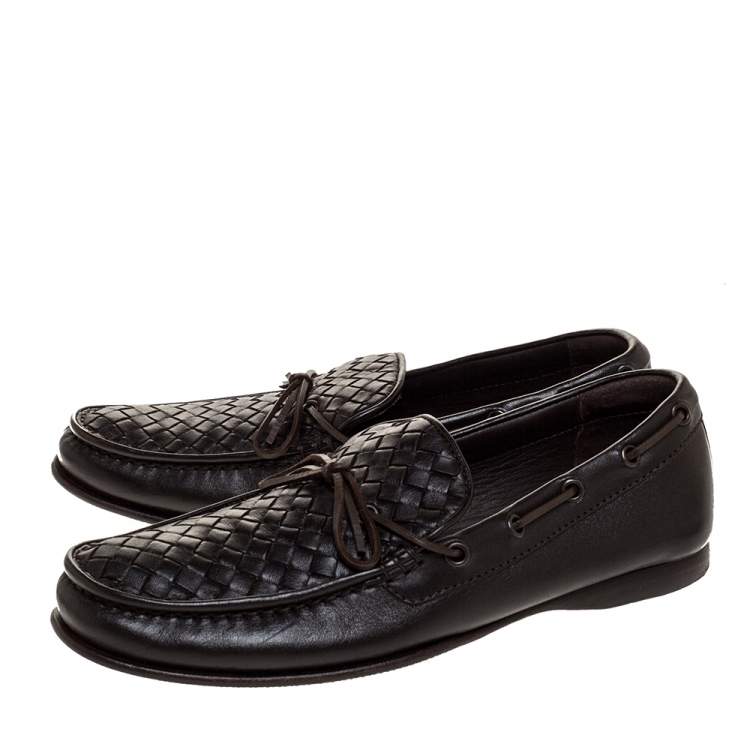 Pre Owned Bottega Veneta Dark Brown Intrecciato Leather Bow Slip On Loafers Size 41.5