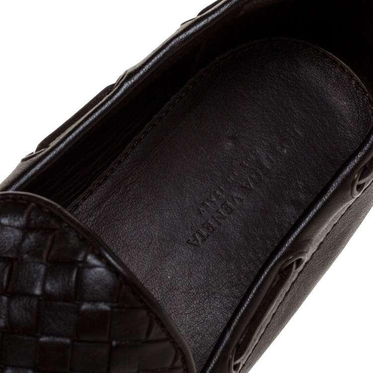 Pre Owned Bottega Veneta Dark Brown Intrecciato Leather Bow Slip On Loafers Size 41.5