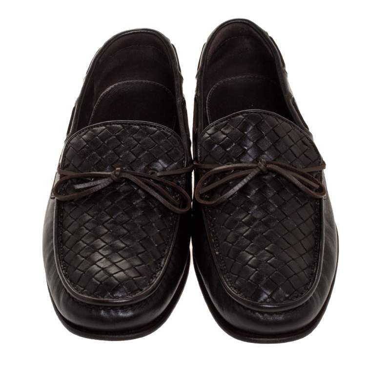 Pre Owned Bottega Veneta Dark Brown Intrecciato Leather Bow Slip On Loafers Size 41.5