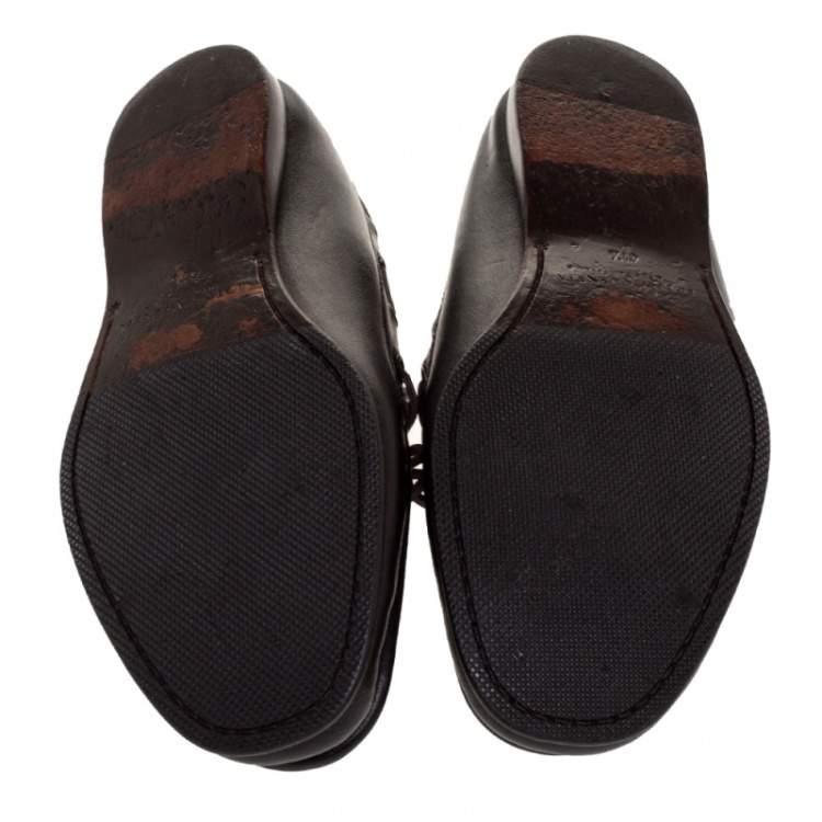 Pre Owned Bottega Veneta Dark Brown Intrecciato Leather Bow Slip On Loafers Size 41.5