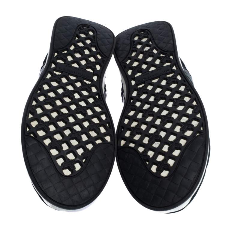Pre Owned Bottega Veneta Black Intrecciato Leather, Ostrich Trim and Suede Sneakers Size 41.5