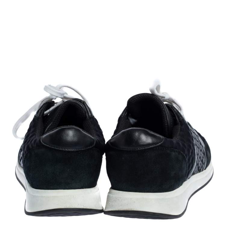 Pre Owned Bottega Veneta Black Intrecciato Leather, Ostrich Trim and Suede Sneakers Size 41.5