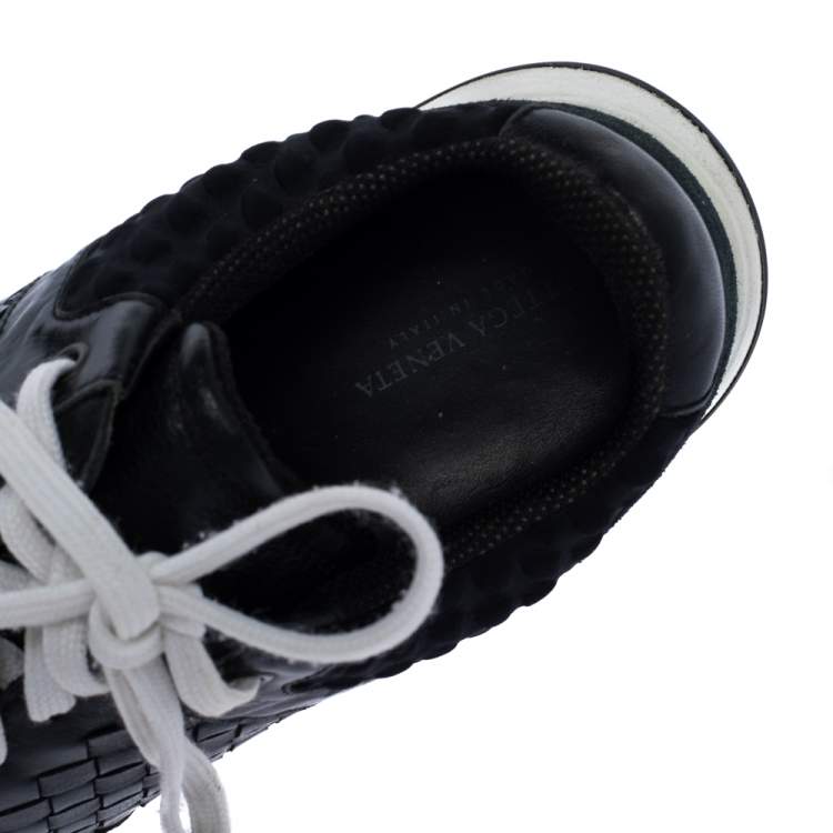 Pre Owned Bottega Veneta Black Intrecciato Leather, Ostrich Trim and Suede Sneakers Size 41.5