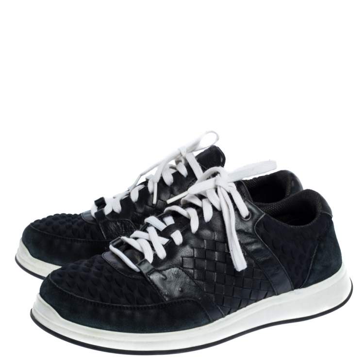 Pre Owned Bottega Veneta Black Intrecciato Leather, Ostrich Trim and Suede Sneakers Size 41.5