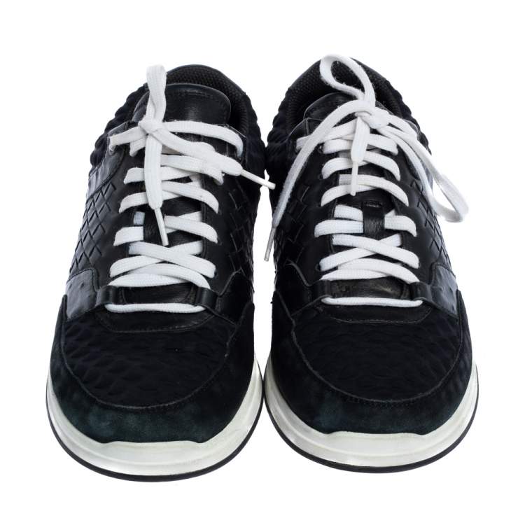 Pre Owned Bottega Veneta Black Intrecciato Leather, Ostrich Trim and Suede Sneakers Size 41.5