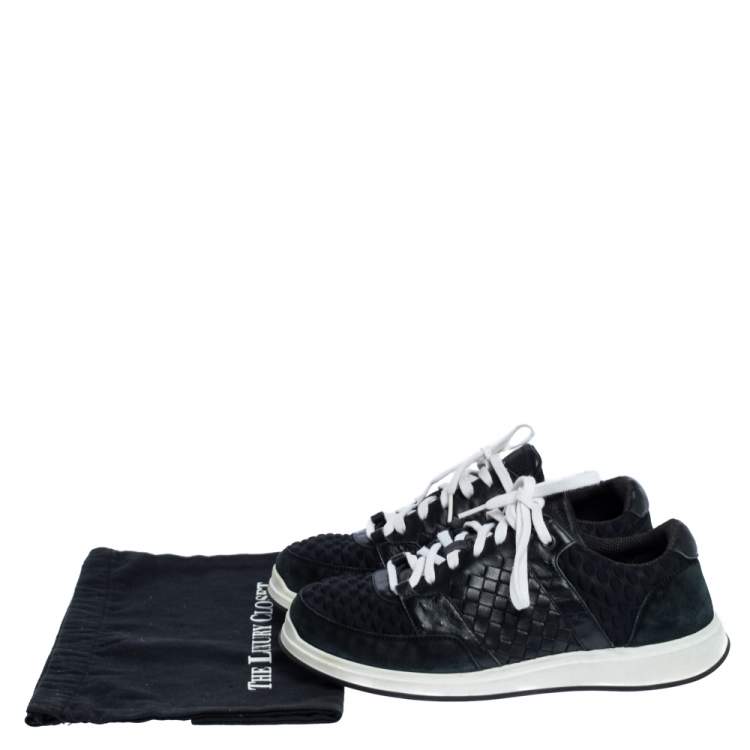 Pre Owned Bottega Veneta Black Intrecciato Leather, Ostrich Trim and Suede Sneakers Size 41.5