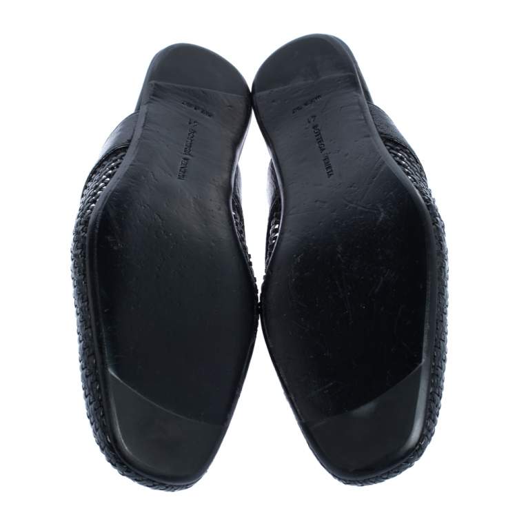 Pre Owned Bottega Veneta Black Woven Leather Espresso Fiandra Mules Size 41