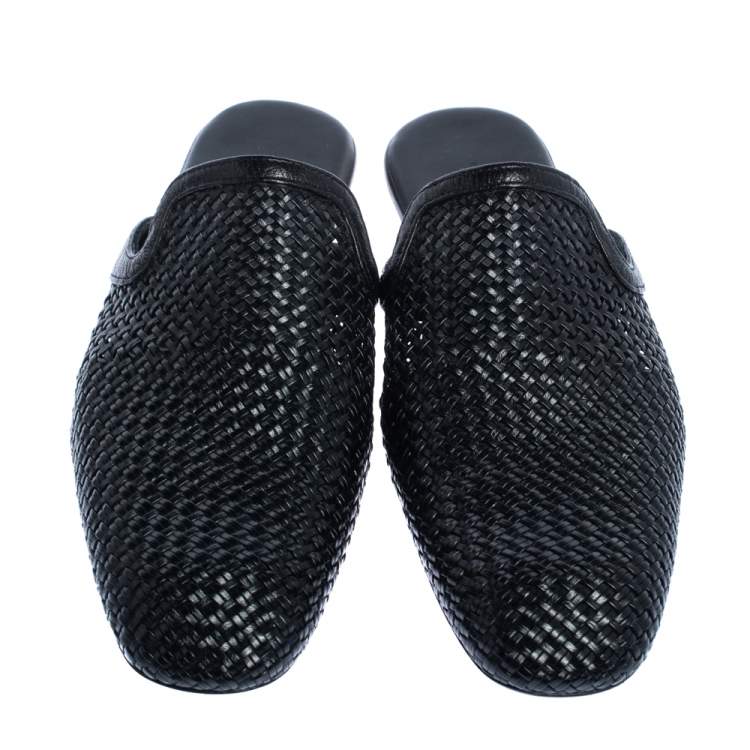 Pre Owned Bottega Veneta Black Woven Leather Espresso Fiandra Mules Size 41
