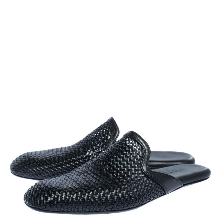 Pre Owned Bottega Veneta Black Woven Leather Espresso Fiandra Mules Size 41