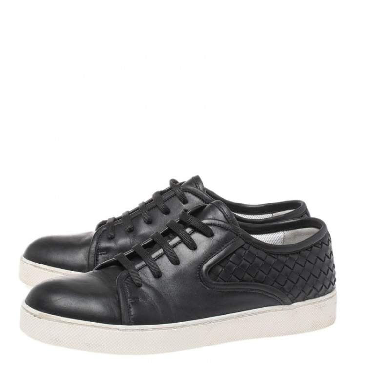 Pre Owned Bottega Veneta Black Intrecciato Leather Low Top Sneakers Size 42.5